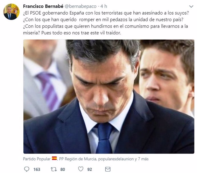 Tuit de Francisco Bernabé sobre Sánchez