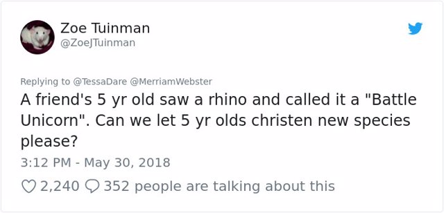 Tuit con la nueva denominación de rinoceronte hecha por un niño de cinco años