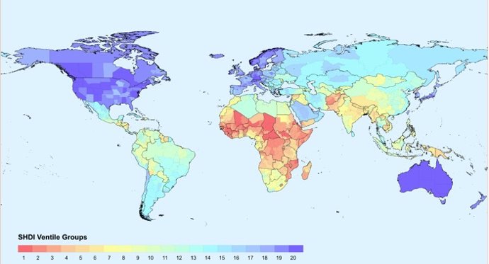 El mapa del mundo con el  Índice de Desarrollo Humano Subnacional (IDHS)