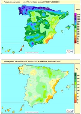 Evolución de las lluvias en España desde el 1-10-2017 al 5-6-2018