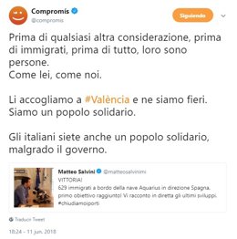 Tuit de Compromís respondiendo a Matteo Salvini