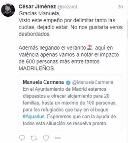 Tuit del diputado de Podem César Jiménez en respuesta a Carmena