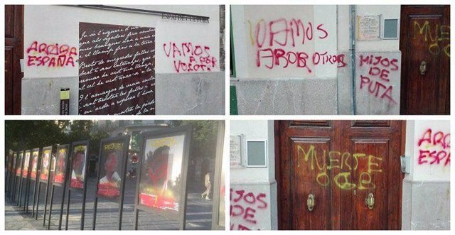 Can Alcover, el STEI y la obra 'Presos polítics' amanecen con pintadas amenazadoras y a favor de la unidad de España