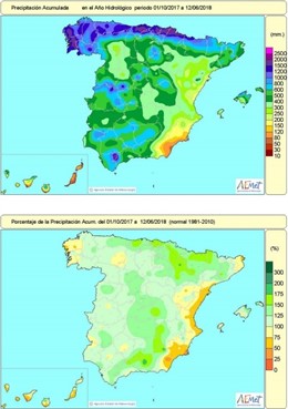 Distribución de las lluvias en España desde el 1-10-2017 al 12-6-2018