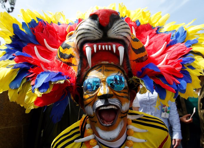A supporter of the Colombian national soccer team cheers during a gathering on t