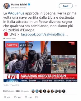 Tuit del ministro del Interior italiano, Matteo Salvini sobre el Aquarius