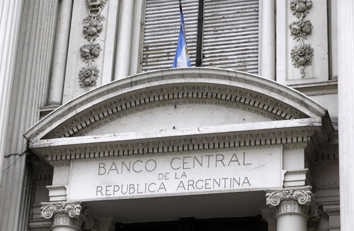 A view is seen of Argentina's Banco Central logo at its headquarters building in