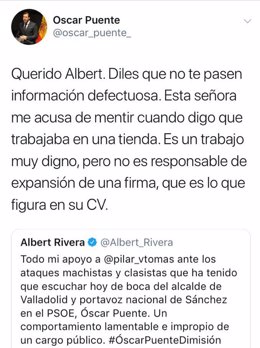 Tuits de Óscar Puente y Albert Rivera sobre la polémica con Pilar Vicente