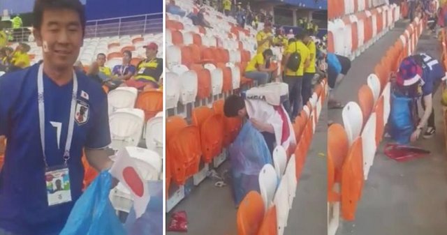 Hinchas japoneses limpian la basura tras el partido