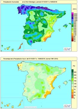 Lluvias acumuladas en España desde el 1-10-2017 al 19-6-2018