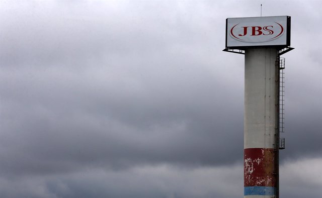 The logo of Brazilian meatpacker JBS SA is seen in the unit in the city of Jundi