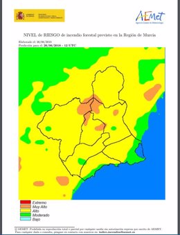 Mapa con el nivel de riesgo de incendios forestales en la Región