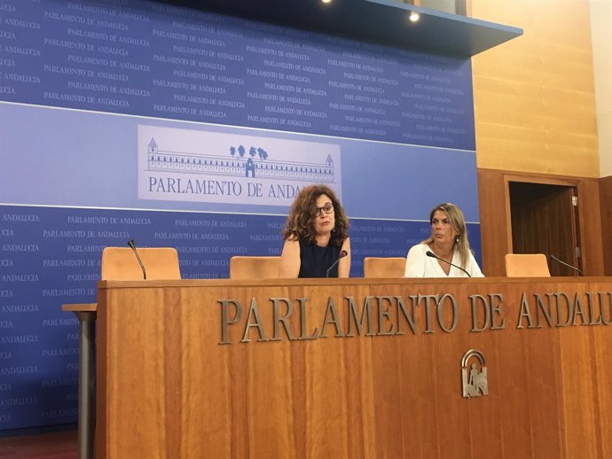 Esperanza Gómez y Begoña Gutiérrez, de Podemos Andalucía, en rueda de prensa