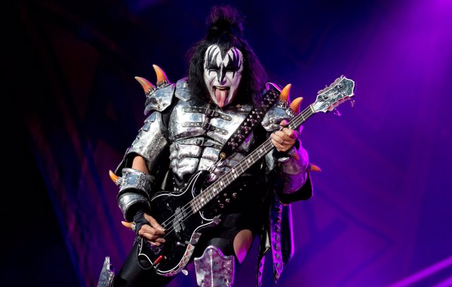 Singer and bassist Gene Simmons  of US rock band Kiss performs on stage during