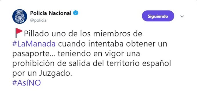 Tweet de la Policia Nacional 
