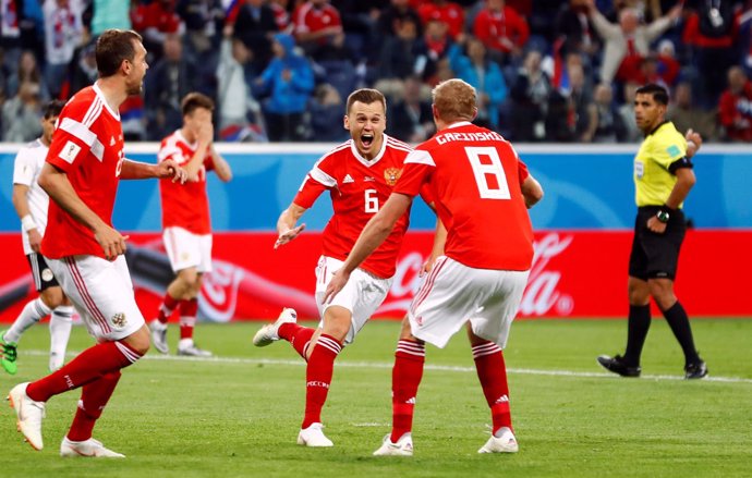Cheryshev celebra el 2-0 en el Rusia-Egipto