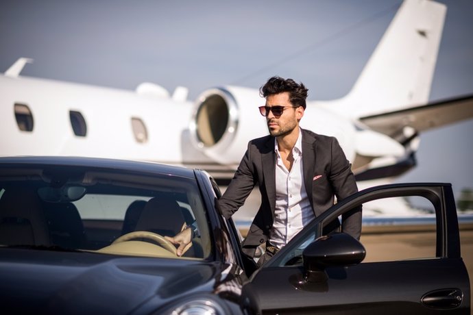Hombre, lujo, coche, avión