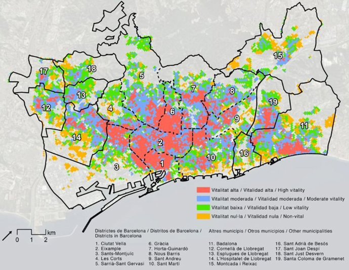 El mapa de la vitalidad urbana de Barcelona