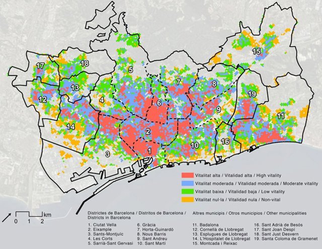 Mapa de la vitalidad urbana de Barcelona ciudad y su conurbación