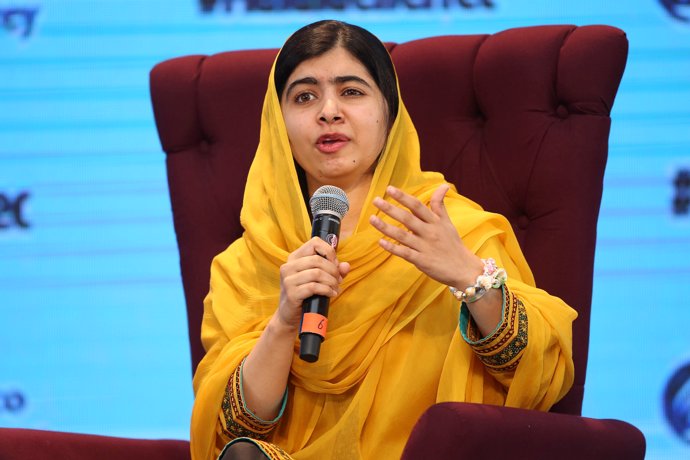 Nobel laureate Malala Yousafzai speaks during an event with students at Tecnolog