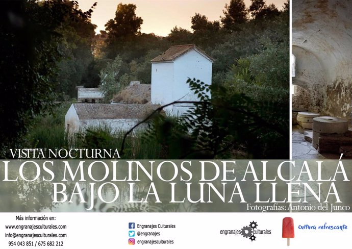 Cartel anunciador de la visita nocturna a los molinos de Alcalá bajo la luna.