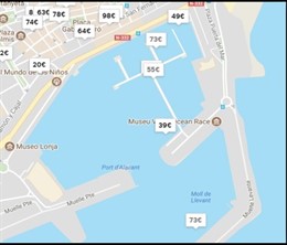 Puerto de Alicante con los precios de las embarcaciones ofertadas