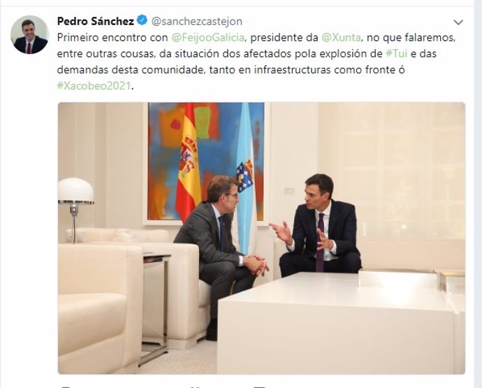 Pedro Sánchez publica un tuit en gallego tras reunirse con Núñez Feijóo