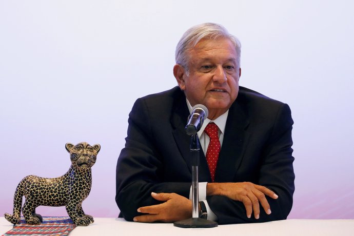Mexico's President-elect Andres Manuel Lopez Obrador talks to the media during a