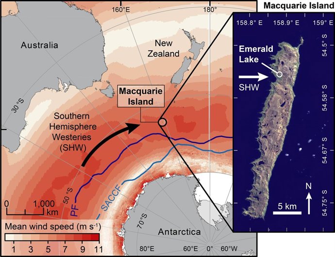 Isla Macquarie en relación a los vientos del oeste del Hemisferio Sur