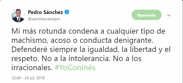 Imagen del tweet de Pedro Sánchez de apoyo a Inés Arrimadas