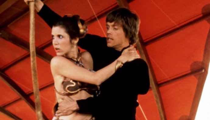 Carrie Fisher y Mark Hamill en el rodaje de Star Wars
