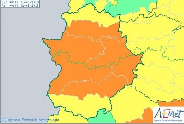 Mapa de la alerta de calor del próximo miércoles en Extremadura