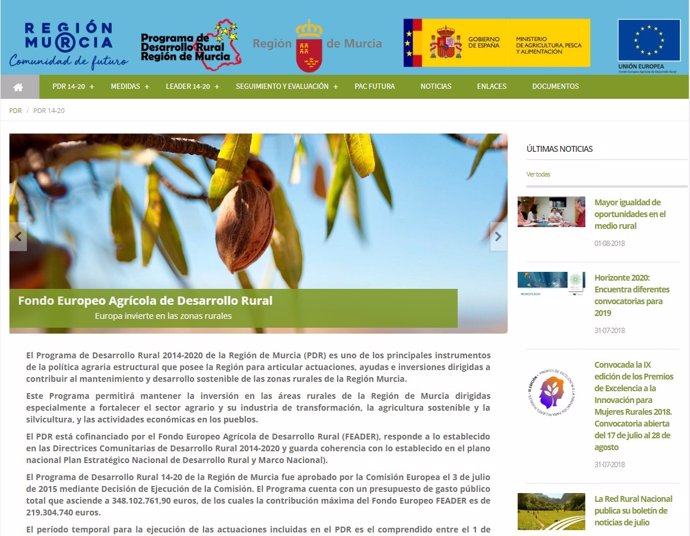 Imagen de la nueva página web del Programa de Desarrollo Rural de la Región 