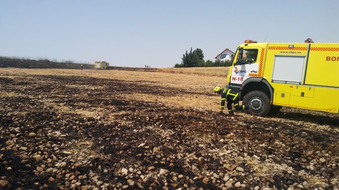 Labores de extinción de un incendio de pasto en Villamartín