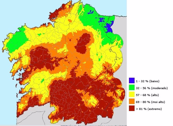 Mapa de riesgo de incendio en Galicia el 4 de agosto de 2018