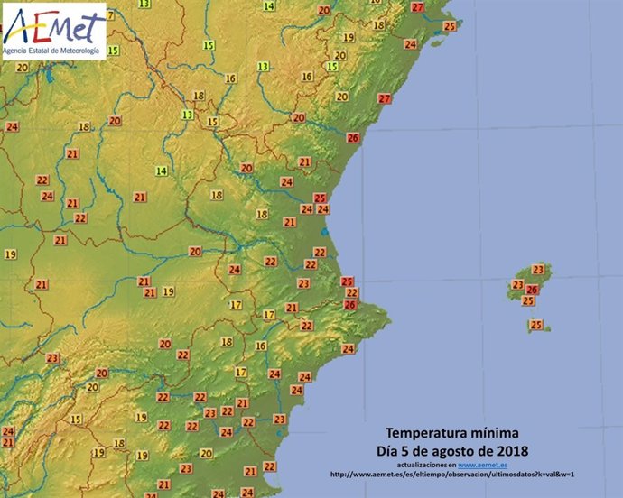 Temperaturas mínimas registradas el 5 de agosto de 2018