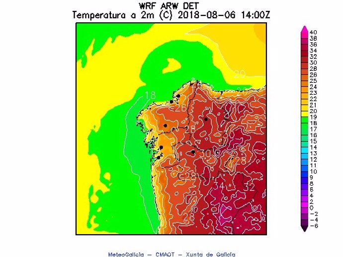 Mapa de temperaturas a las 12,00 horas del 5 de agosto