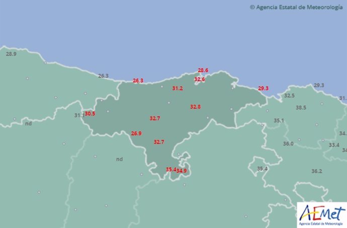 Mapa de temperaturas máximas en Cantabria el 6 de agosto de 2018