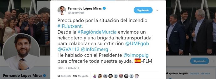 Imagen del tuit publicado por López Miras