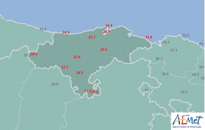 Mapa de Cantabria de temperaturas máximas el 12 de agosto de 2018