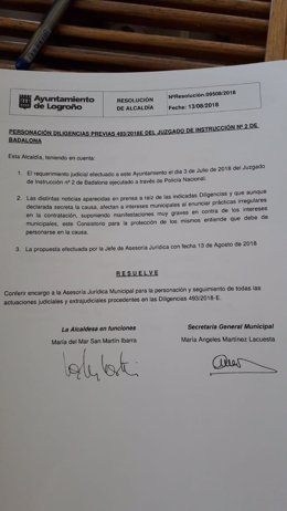 Documento de personación en el caso 'Enredadora'