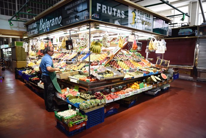 Mercado, frutas, verduras, carne, pescado, alimentos, comida