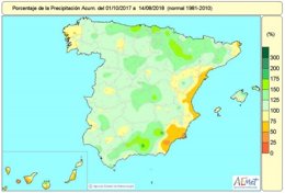 Lluvias acumuladas en España del 1 de octubre de 2017 al 14 de agosto 2018