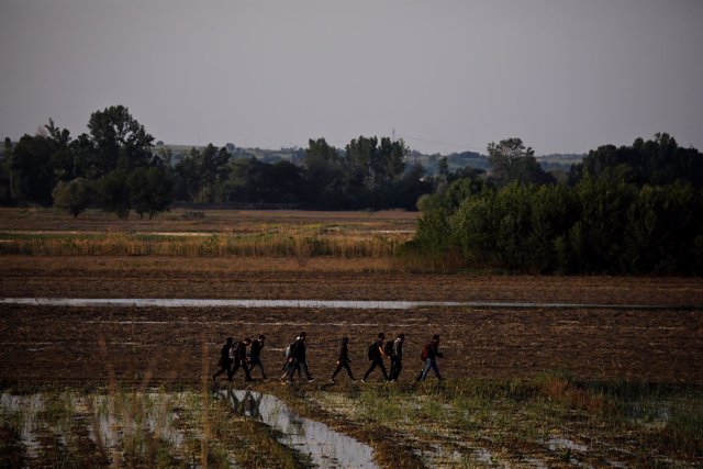 Un grupo de refugiados sirios en el norte de Grecia, tras cruzar el río Evros. 