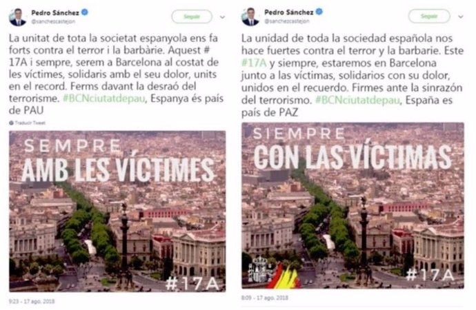 Los dos primeros tweets publicados por Pedro Sánchez en su cuenta personal.