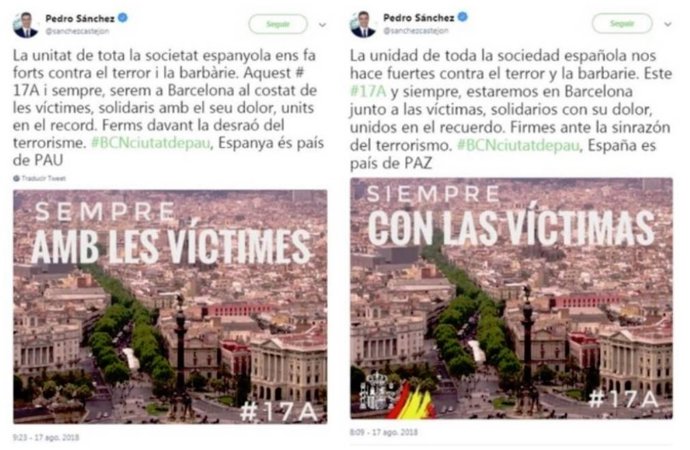 Els dos primers tuits publicats per Pedro Sánchez en el seu compte personal