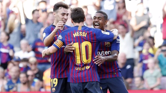 Messi, Malcom y Munir celebran un gol del Barcelona