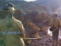 Efectivos del Infoca trabajan en la extinción de un incendio forestal declarado en Cardeña (Córdoba) por un rayo