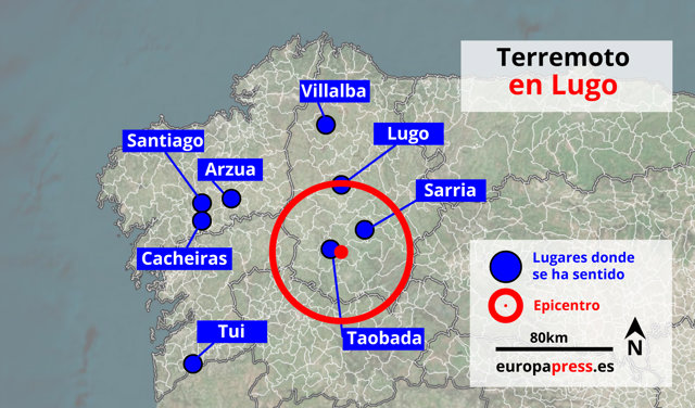 Zona del seísmo registrado en Galicia