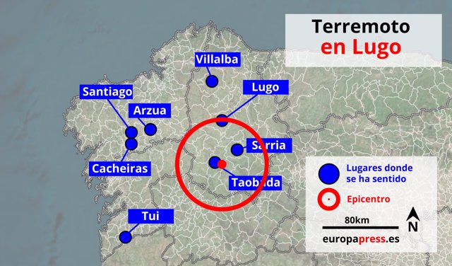 Zona del seísmo registrado en Galicia